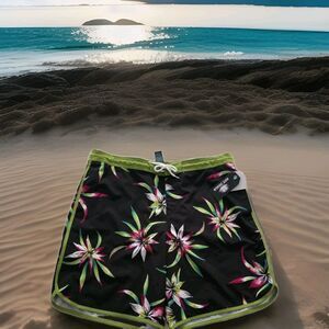 Hot Coals Men’s 8" Swim Trunks M Elastic Waist‎ GREEN Floral Print Boardshorts